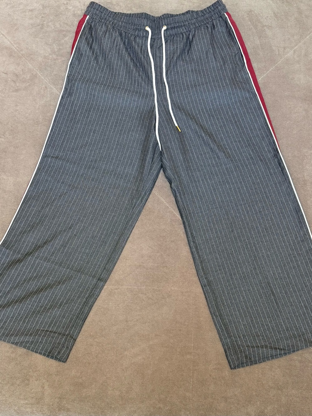 H&M Gray Pinstripe Wide-Leg Pants with burgundy Side Stripe